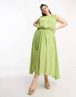 ASOS DESIGN Curve - Vestito Midi Testurizzato Raccolto Asimmetrico Color Verde Pistacchio -Vendite ASOS Maternity || RIVER ISLAND || Monki 203027255 4