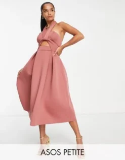 ASOS DESIGN Petite - Vestito Da Cerimonia Allacciato Al Collo Con Incrocio E Cut-out Rosa