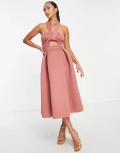 ASOS DESIGN Petite - Vestito Da Cerimonia Allacciato Al Collo Con Incrocio E Cut-out Rosa -Vendite ASOS Maternity || RIVER ISLAND || Monki 203034042 4