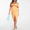 ASOS DESIGN Tall - Vestito Midi Color Albicocca Con Spalle Scoperte E Incrocio Sul Davanti