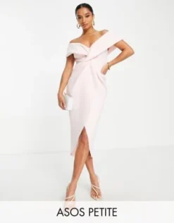 ASOS DESIGN Petite - Vestito Midi Acqua Di Rose Con Spalle Scoperte E Incrocio Sul Davanti