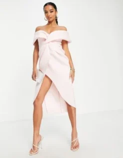 ASOS DESIGN Petite - Vestito Midi Acqua Di Rose Con Spalle Scoperte E Incrocio Sul Davanti -Vendite ASOS Maternity || RIVER ISLAND || Monki 203040785 4