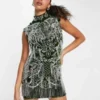 ASOS DESIGN Tall - Vestito Corto Accollato Verde Scuro Decorato Con Paillettes Argento