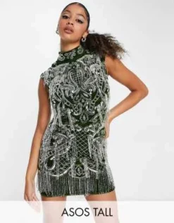 ASOS DESIGN Tall - Vestito Corto Accollato Verde Scuro Decorato Con Paillettes Argento