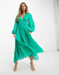 ASOS DESIGN - Vestito Midi Verde Smeraldo Plumetis A Pieghe Con Davanti A V E Finiture -Vendite ASOS Maternity || RIVER ISLAND || Monki 203061625 4