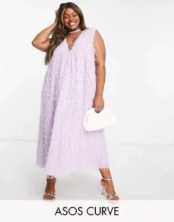 ASOS DESIGN Curve - Vestito Midi A Balze Con Spalline Imbottite E Scollo A V Lavanda Soffice