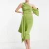 ASOS DESIGN Tall - Vestito Longuette Midi Color Oliva Con Spalle Scoperte E Volant