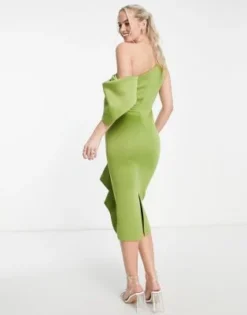 ASOS DESIGN Tall - Vestito Longuette Midi Color Oliva Con Spalle Scoperte E Volant -Vendite ASOS Maternity || RIVER ISLAND || Monki 203070364 2
