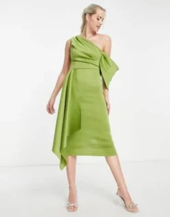 ASOS DESIGN Tall - Vestito Longuette Midi Color Oliva Con Spalle Scoperte E Volant -Vendite ASOS Maternity || RIVER ISLAND || Monki 203070364 3