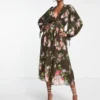 ASOS DESIGN - Vestito Midi A Pieghe Con Maniche A Campana E Cintura Con Stampa A Fiori