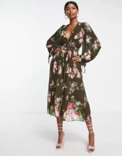 ASOS DESIGN - Vestito Midi A Pieghe Con Maniche A Campana E Cintura Con Stampa A Fiori