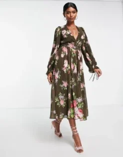 ASOS DESIGN - Vestito Midi A Pieghe Con Maniche A Campana E Cintura Con Stampa A Fiori -Vendite ASOS Maternity || RIVER ISLAND || Monki 203097367 4