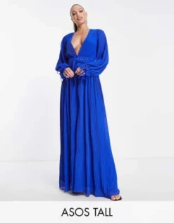 ASOS DESIGN Tall - Vestito Lungo Con Maniche A Campana Blu Cobalto Con Pieghe E Cintura