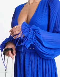 ASOS DESIGN Tall - Vestito Lungo Con Maniche A Campana Blu Cobalto Con Pieghe E Cintura -Vendite ASOS Maternity || RIVER ISLAND || Monki 203098035 4