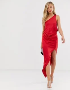 ASOS DESIGN - Vestito Midi Monospalla In Raso Con Drappeggio, Colore Rosso