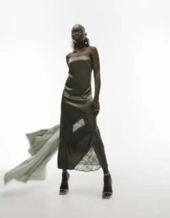 Topshop Petite - Vestito Sottoveste Midi Color Kaki Con Inserto In Pizzo