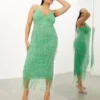 ASOS EDITION Curve - Vestito Midi Con Frange Di Perline Verde A Fiori