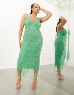 ASOS EDITION Curve - Vestito Midi Con Frange Di Perline Verde A Fiori