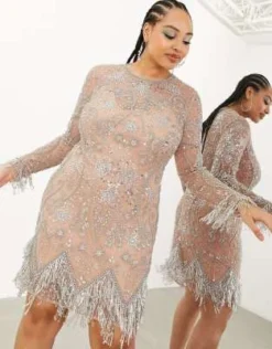 ASOS Edition Curve - Vestito Corto Con Decorazioni E Frange Con Perline Color Cipria