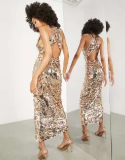 ASOS EDITION - Vestito Midi Oro Con Scollo Profondo E Paillettes