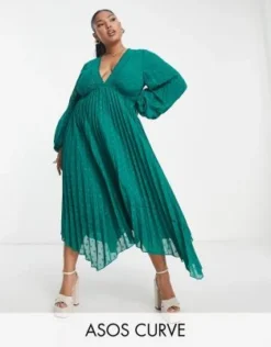 ASOS DESIGN Curve - Vestito Midi Verde Bosco Plumetis A Pieghe Con Davanti A V E Finiture