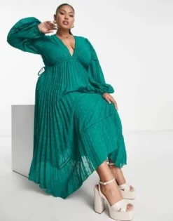 ASOS DESIGN Curve - Vestito Midi Verde Bosco Plumetis A Pieghe Con Davanti A V E Finiture -Vendite ASOS Maternity || RIVER ISLAND || Monki 203121245 4