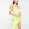 Lavish Alice - Vestito Midi Verde Lime Con Dettaglio A Pieghe E Scollo Alla Bardot