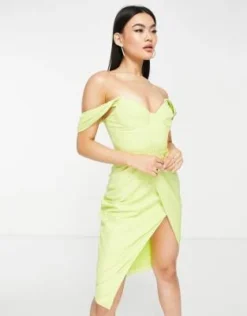 Lavish Alice - Vestito Midi Verde Lime Con Dettaglio A Pieghe E Scollo Alla Bardot