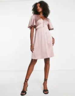 Flounce London Tall - Vestito Corto Con Maniche Con Volant In Raso Rosa Mélange -Vendite ASOS Maternity || RIVER ISLAND || Monki 203125981 4