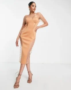 ASOS DESIGN - Vestito Midi Longuette Con Inserti In Rete Glitterata Con Perle Color Cammello