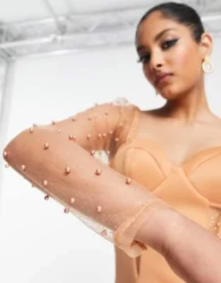 ASOS DESIGN - Vestito Midi Longuette Con Inserti In Rete Glitterata Con Perle Color Cammello -Vendite ASOS Maternity || RIVER ISLAND || Monki 203142141 3