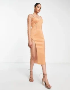 ASOS DESIGN - Vestito Midi Longuette Con Inserti In Rete Glitterata Con Perle Color Cammello -Vendite ASOS Maternity || RIVER ISLAND || Monki 203142141 4