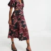 Topshop Petite - Vestito Midi Bordeaux Con Stampa A Fiori E Cut-out In Vita