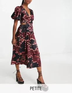 Topshop Petite - Vestito Midi Bordeaux Con Stampa A Fiori E Cut-out In Vita