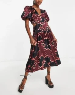 Topshop Petite - Vestito Midi Bordeaux Con Stampa A Fiori E Cut-out In Vita -Vendite ASOS Maternity || RIVER ISLAND || Monki 203147932 4
