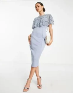 ASOS DESIGN Petite - Vestito Midi Blu Polvere Con Mantella Decorata -Vendite ASOS Maternity || RIVER ISLAND || Monki 203167887 4