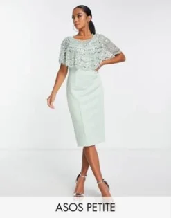 ASOS DESIGN Petite - Vestito Midi Color Menta Con Mantella Decorata Con Paillettes