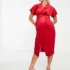 Closet London Maternity - Vestito Midi Rosso In Velluto Con Maniche A Kimono E Cintura