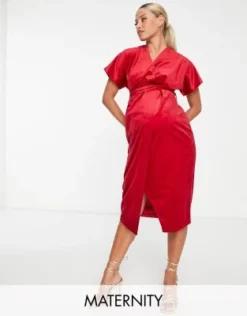 Closet London Maternity - Vestito Midi Rosso In Velluto Con Maniche A Kimono E Cintura
