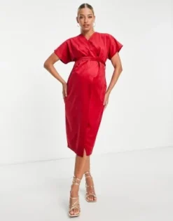 Closet London Maternity - Vestito Midi Rosso In Velluto Con Maniche A Kimono E Cintura -Vendite ASOS Maternity || RIVER ISLAND || Monki 203183416 4