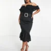 ASOS DESIGN Curve - Wiggle - Vestito Midi In Pizzo Nero Con Scollo Alla Bardot
