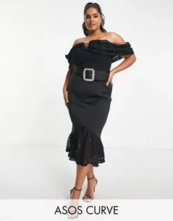 ASOS DESIGN Curve - Wiggle - Vestito Midi In Pizzo Nero Con Scollo Alla Bardot