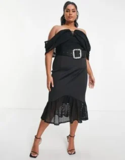 ASOS DESIGN Curve - Wiggle - Vestito Midi In Pizzo Nero Con Scollo Alla Bardot -Vendite ASOS Maternity || RIVER ISLAND || Monki 203189613 4