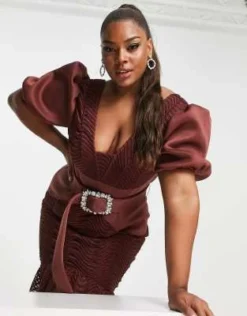 ASOS DESIGN Curve - Vestito Midi Con Maniche A Sbuffo E Cintura Con Strass In Pizzo Arricciato Color Cioccolato -Vendite ASOS Maternity || RIVER ISLAND || Monki 203189632 3