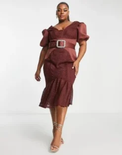 ASOS DESIGN Curve - Vestito Midi Con Maniche A Sbuffo E Cintura Con Strass In Pizzo Arricciato Color Cioccolato -Vendite ASOS Maternity || RIVER ISLAND || Monki 203189632 4