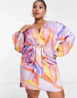 ASOS DESIGN Curve - Vestito Corto Allacciato Sul Davanti Con Scollo Profondo E Stampa Marmorizzata Viola -Vendite ASOS Maternity || RIVER ISLAND || Monki 203191147 3