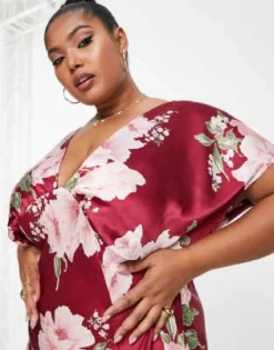 ASOS DESIGN Curve - Vestito Midi In Raso Con Motivo Floreale Vintage Rosso E Maniche Ad Ali Di Pipistrello -Vendite ASOS Maternity || RIVER ISLAND || Monki 203207503 3