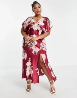 ASOS DESIGN Curve - Vestito Midi In Raso Con Motivo Floreale Vintage Rosso E Maniche Ad Ali Di Pipistrello -Vendite ASOS Maternity || RIVER ISLAND || Monki 203207503 4