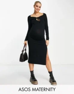 ASOS Maternity ASOS DESIGN Maternity - Vestito Midi In Maglia Nero Con Fascette Incrociate