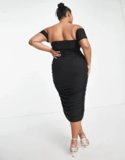 ASOS DESIGN Curve - Vestito Midi In Rete Arricciata Nera Con Ferretto A V E Scollo Bardot -Vendite ASOS Maternity || RIVER ISLAND || Monki 203236302 2